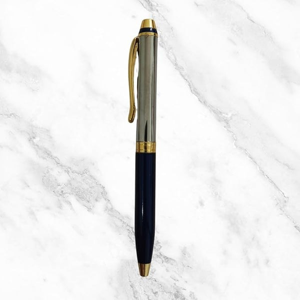 Metallic Glossy Blue & Silver Dual-Tone Mini Ball Pen – Premium Twist Mechanism with Gold Clip | Smooth Blue Ink Writing