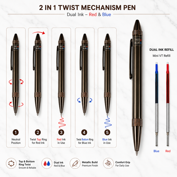 Ballpen Bazaar 2 in 1 Dual Ink Ball Pen Brown Body with Brown Clip | Dual Side Twist Mechanism | Blue & Red Ink | Metal Ball Pen