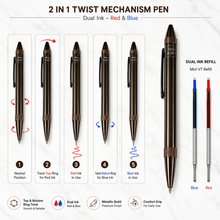 Ballpen Bazaar 2 in 1 Dual Ink Ball Pen Brown Body with Brown Clip | Dual Side Twist Mechanism | Blue & Red Ink | Metal Ball Pen