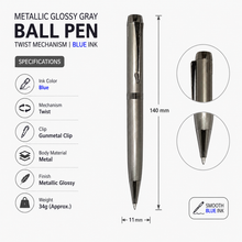 Ballpen Bazaar Metallic Glossy Gray Ball Pen with Gunmetal Clip | Twist Mechanism | Smooth Blue Ink Writing Pen