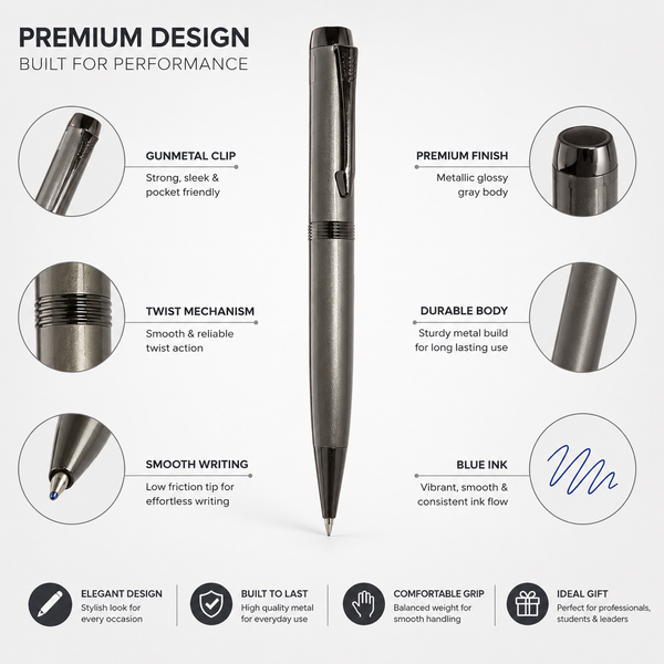 Ballpen Bazaar Metallic Glossy Gray Ball Pen with Gunmetal Clip | Twist Mechanism | Smooth Blue Ink Writing Pen