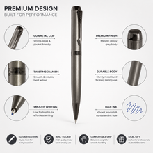 Ballpen Bazaar Metallic Glossy Gray Ball Pen with Gunmetal Clip | Twist Mechanism | Smooth Blue Ink Writing Pen
