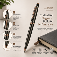 Ballpen Bazaar Metallic Glossy Gunmetal Ball Pen with Copper Clip | Twist Mechanism | Blue Ink | Premium Metal Writing Pen