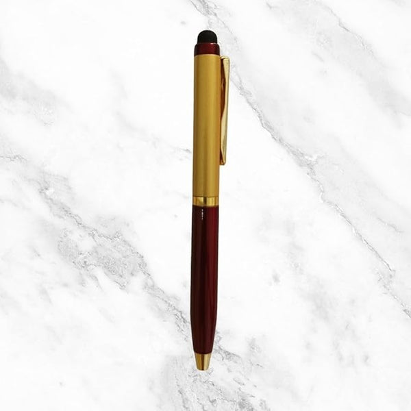 Metallic Glossy Maroon & Gold Dual Color Mini Ball Pen – Gold Clip | Twist Mechanism with Mobile Touch Tip | Blue Ink