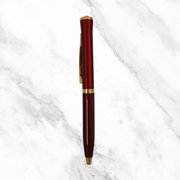 Metallic Glossy Red Mini Ball Pen – Gold Clip & White Diamond Twist Top | Luxurious Compact Writing Pen with Blue Ink