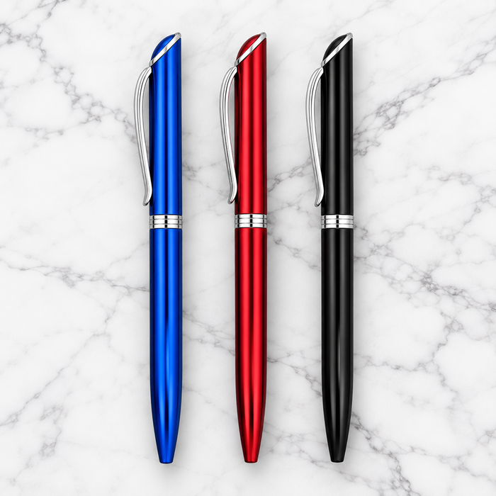 Set of 3 Metallic Glossy Twist Metal Ball Pens – Blue, Red & Black | Blue Ink | 3 Free Refills | Executive Gift Pen Set