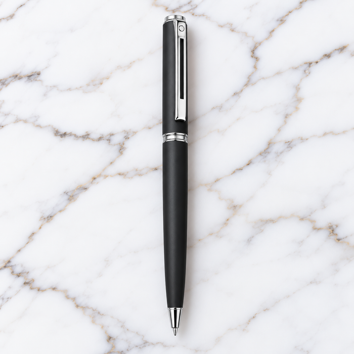 Matt Black Ball Pen with Glossy Silver Clip – Twist Mechanism, Blue Ink & 1 Extra Refill Free