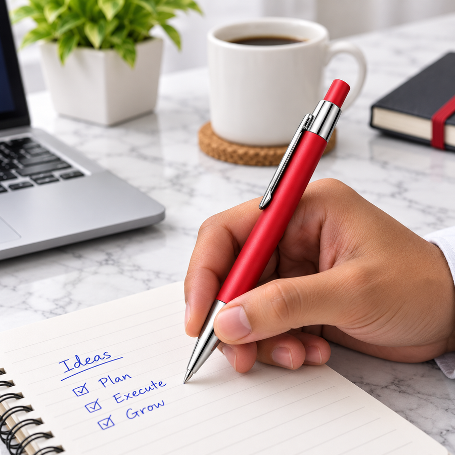 Matt Red Ball Pen with Silver Design & Clip – Click Mechanism | Blue Ink | 1 Extra Refill Free