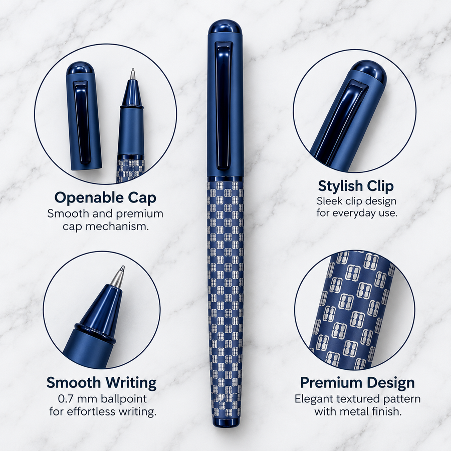 Matt Blue Grid Design Ball Pen with Blue Cap & Clip – Openable Mechanism | Blue Ink | 1 Extra Refill