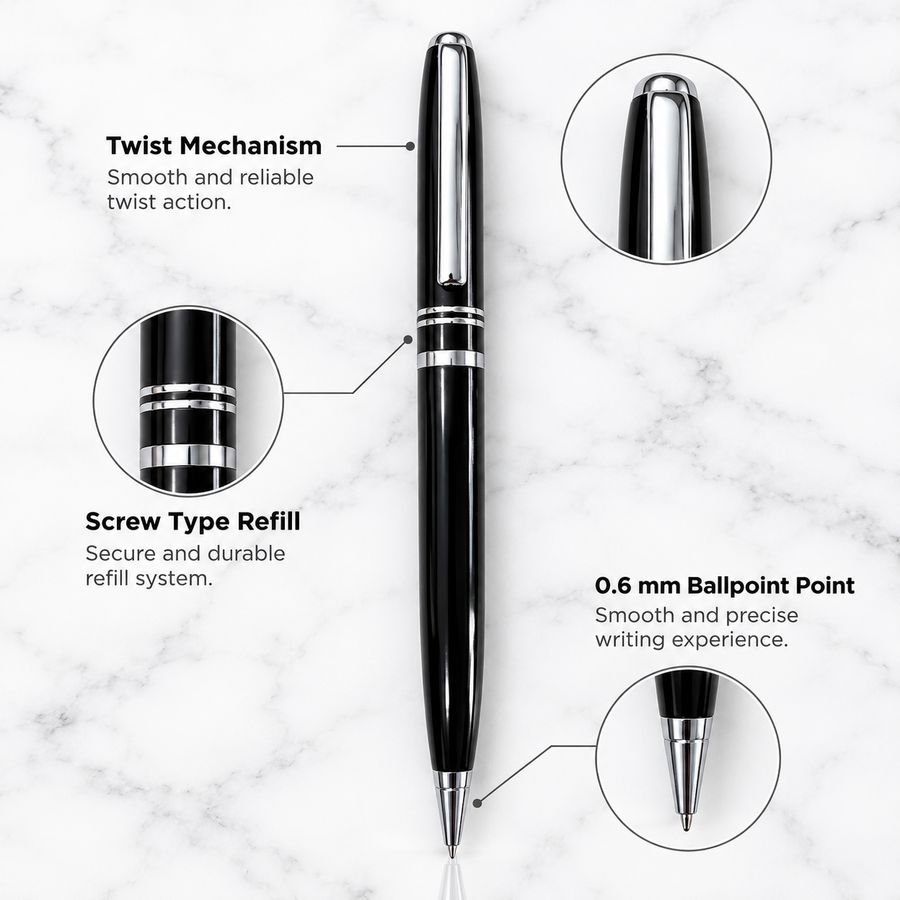 Set of 3 Glossy Black Metal Twist Ball Pens – Silver Clip & Ring Design | Screw-Type Refill | 3 Extra Refills
