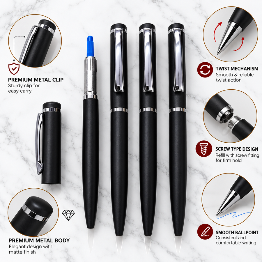 Black Metal Twist Ball Pen with Stylish Silver Clip | Blue Ink | Screw Type Metal Refill | 1 Extra Refill