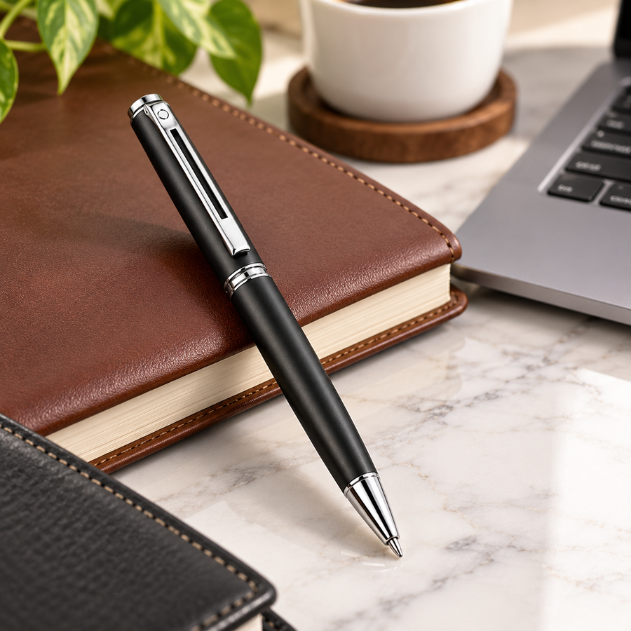 Matt Black Ball Pen with Glossy Silver Clip – Twist Mechanism, Blue Ink & 1 Extra Refill Free