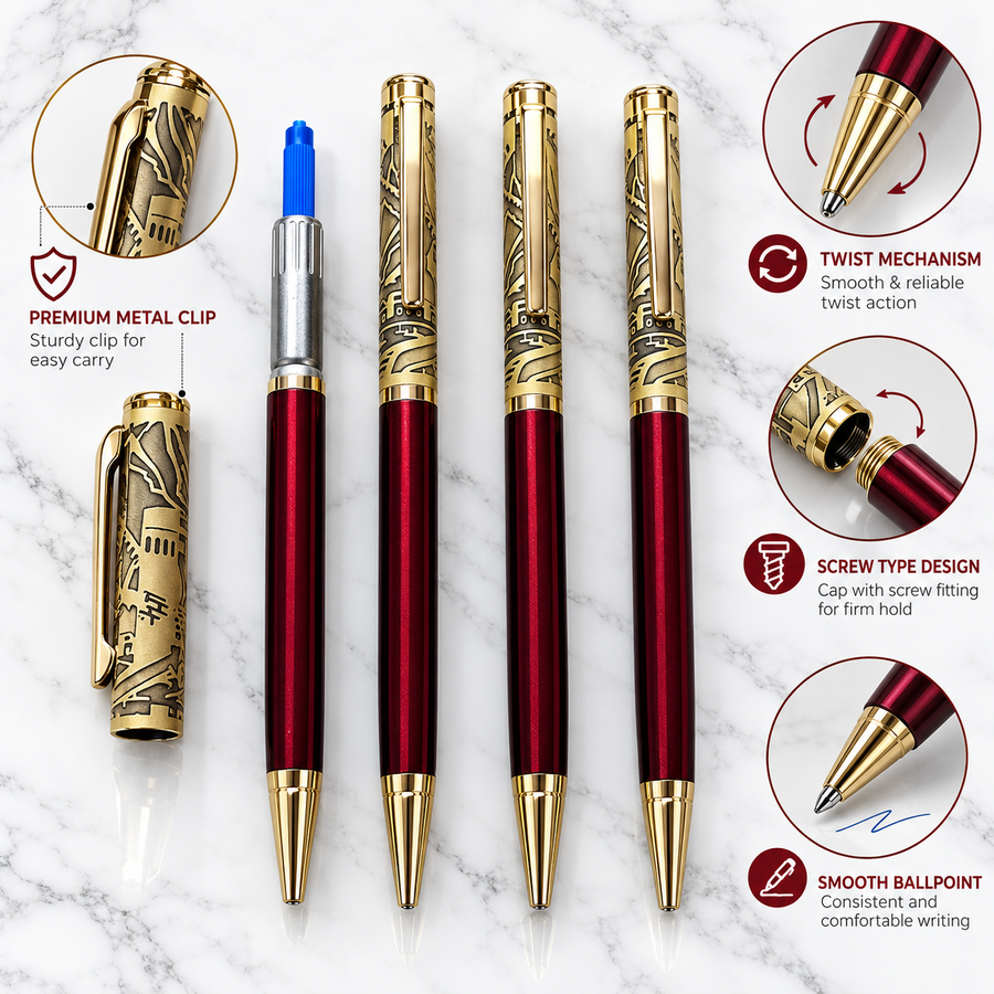 Premium Glossy Gold Bottom Metal Twist Ball Pen | Golden Clip | Engraving Design | Blue Ink | Executive Gift Pen
