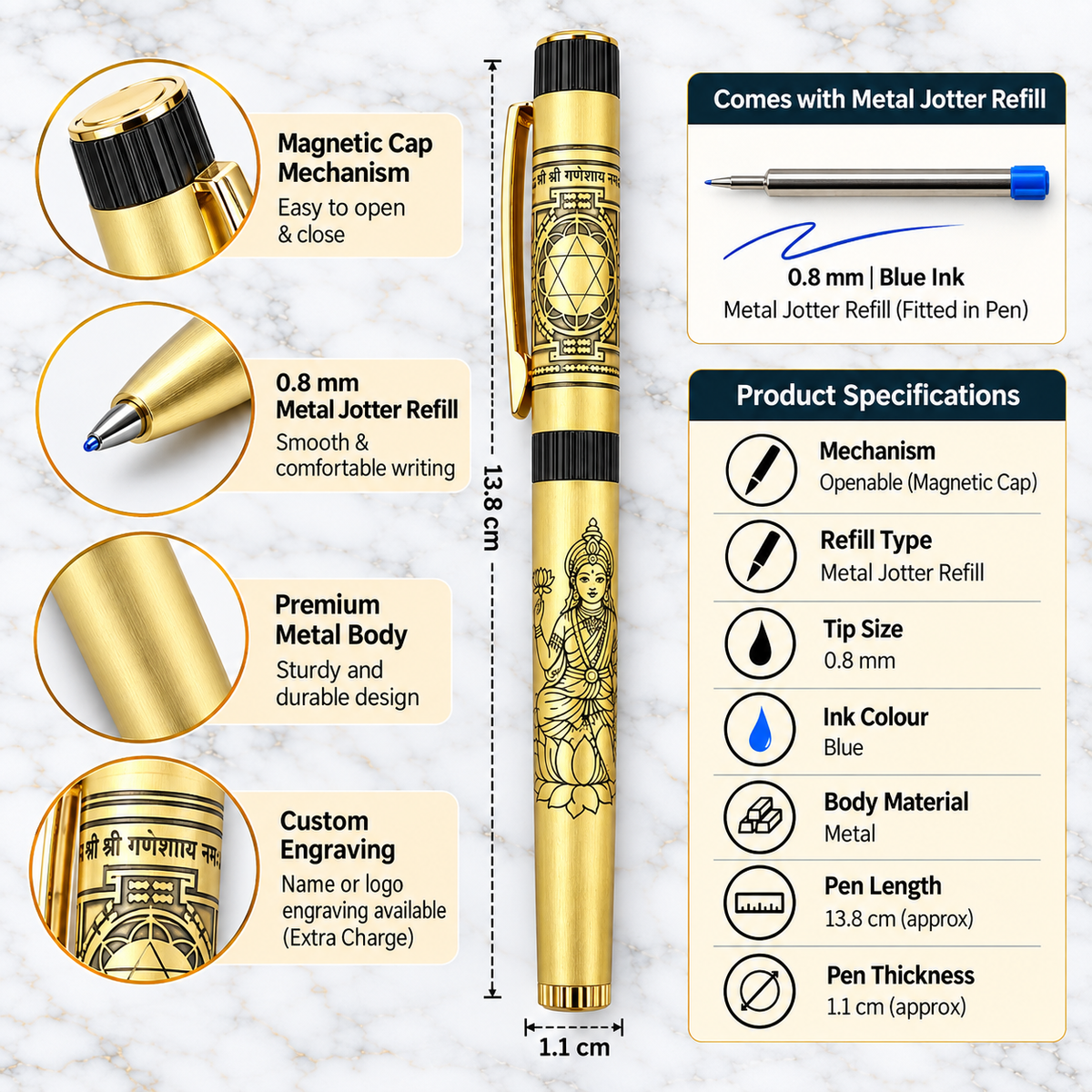 Premium Gold Mahalakshmi Yantra Metal Ball Pen | Magnetic Cap | 0.8 mm Blue Ink Metal Jotter Refill | Custom Engraving Available