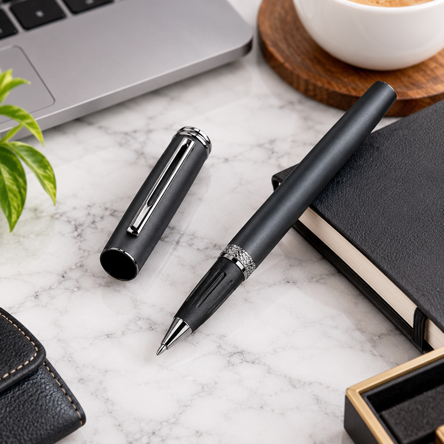 Metallic Glossy Gunmetal Magnetic Cap Roller Ball Pen – Blue Ink | 1 Extra Refill Free