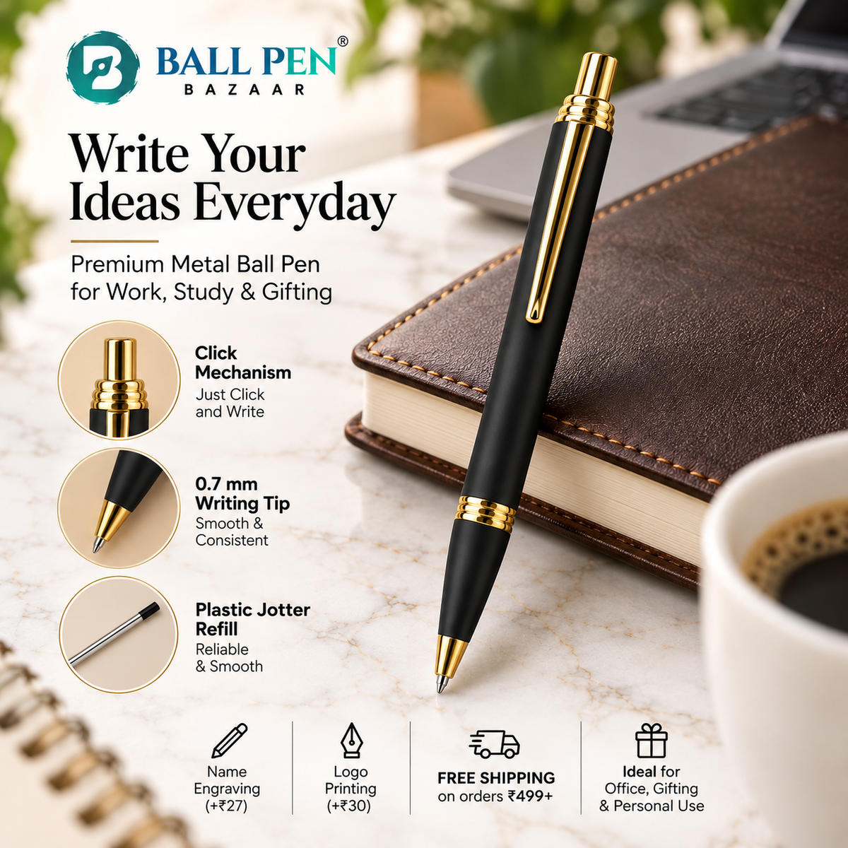 Set of 3 Premium Black Metal Click Ball Pens – Rose Gold & Gold Trim | Blue Ink | 3 Free Refills | Executive Gift Pen Set