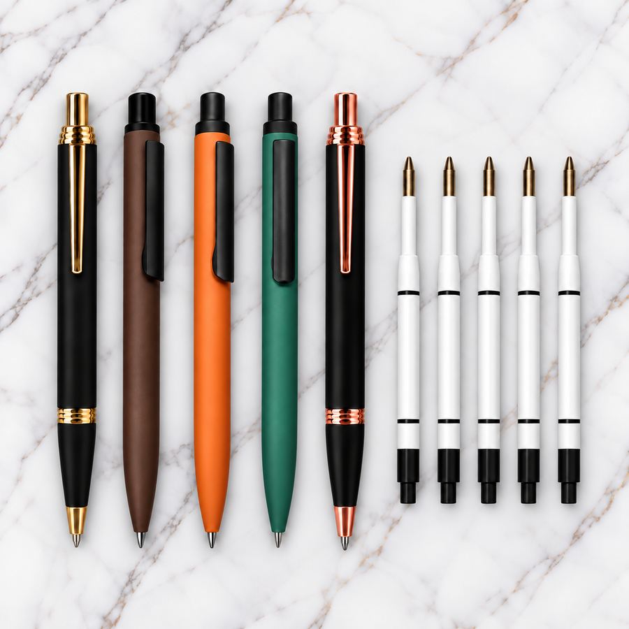 Set of 5 Premium Metal Click Ball Pens – Black Gold, Black Rose Gold, Tan, Burgundy & Green | Black Ink | 5 Extra Refills | Gift Box