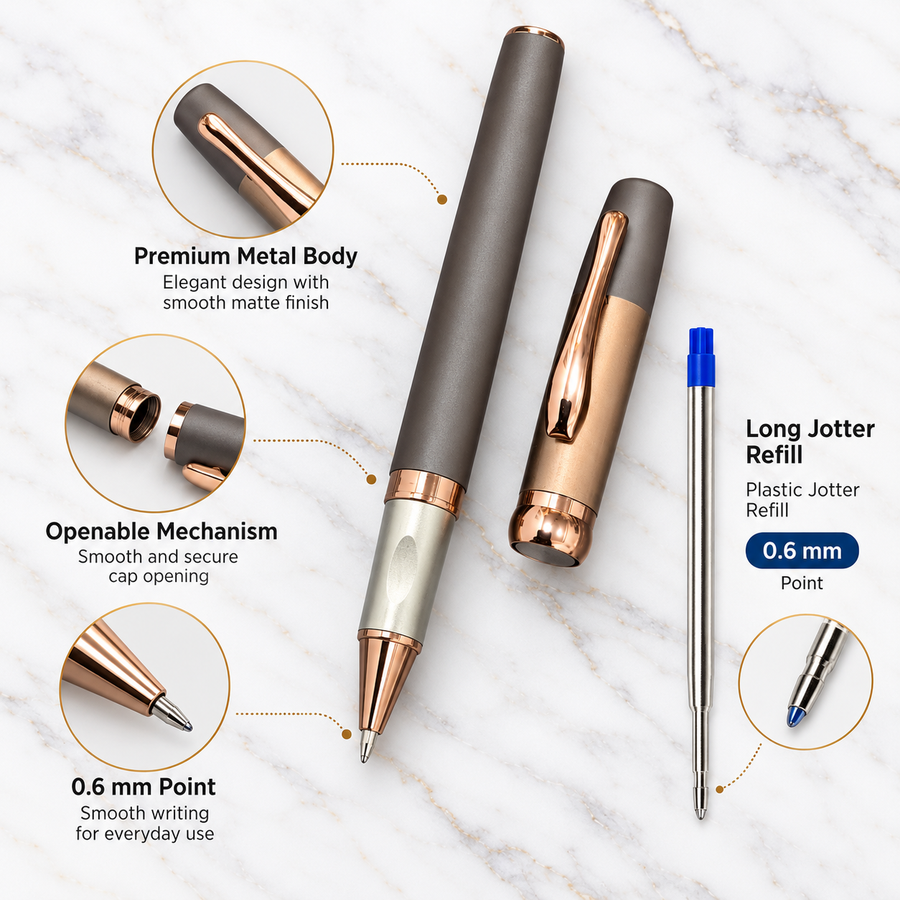 Ballpen Bazaar Matt Charcoal Gray & Rose Gold Openable Ball Pen – Blue Ink | 1 Extra Refill