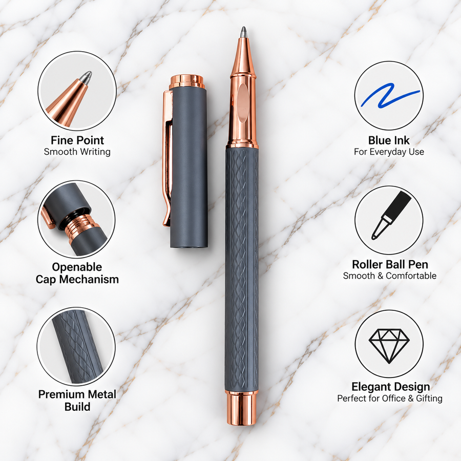 Matt Grey Rose Gold Openable Cap Roller Ball Pen – Fine Point | Blue Ink