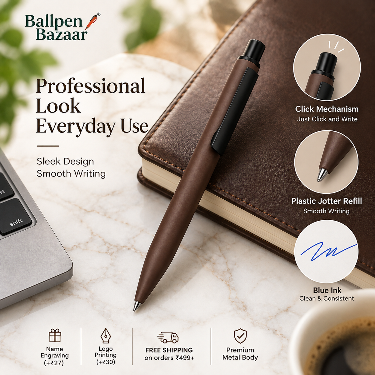 Brown Metal Click Ball Pen | Matte Finish | 0.7 mm Blue Ink | Plastic Jotter Refill