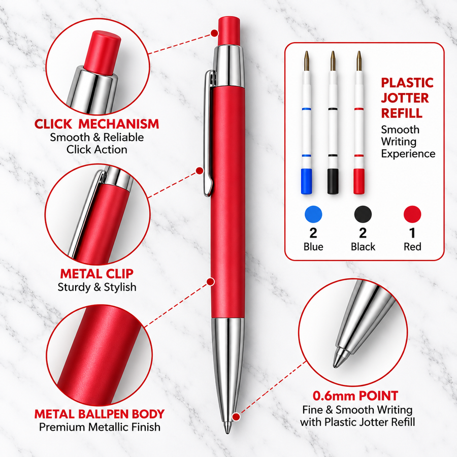 Matt Red Ball Pen with Silver Design & Clip – Click Mechanism | Blue Ink | 1 Extra Refill Free