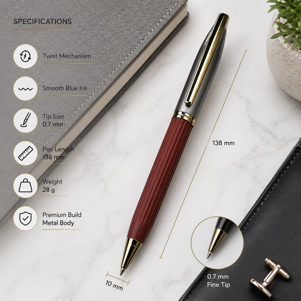 Ballpen Bazaar Silver & Orange Dual Tone Ball Pen with Leather Grip, Gold Clip, Twist Mechanism, Blue Ink