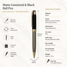 Ballpen Bazaar Metallic Gunmetal & Black Ball Pen with Gold Clip | Twist Mechanism | Blue Ink | Premium Metal Pen