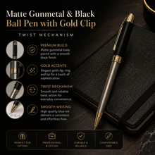 Ballpen Bazaar Metallic Gunmetal & Black Ball Pen with Gold Clip | Twist Mechanism | Blue Ink | Premium Metal Pen