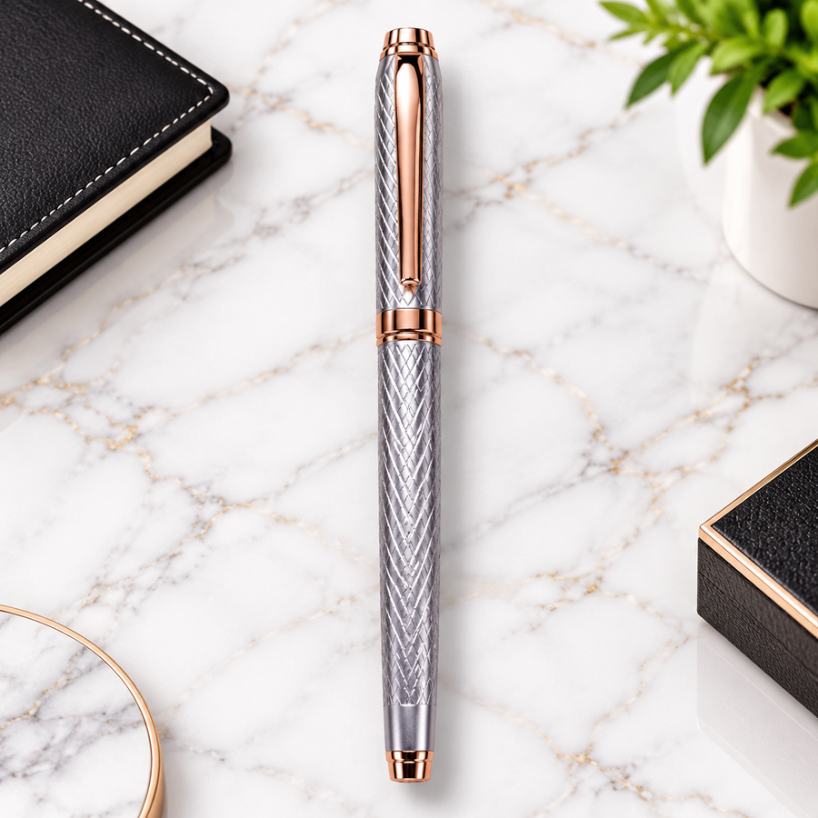 Premium Silver Metal Roller Ball Pen with Line Design | Blue Ink | Roller Refill | Executive Writing Pen