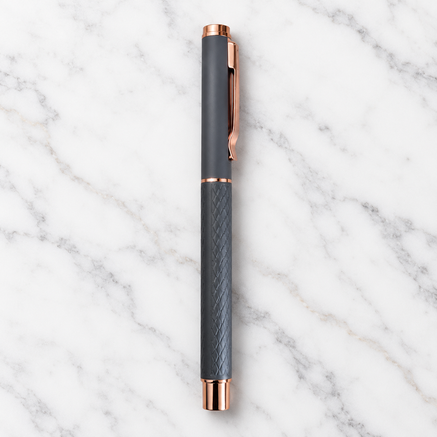 Matt Grey Rose Gold Openable Cap Roller Ball Pen – Fine Point | Blue Ink