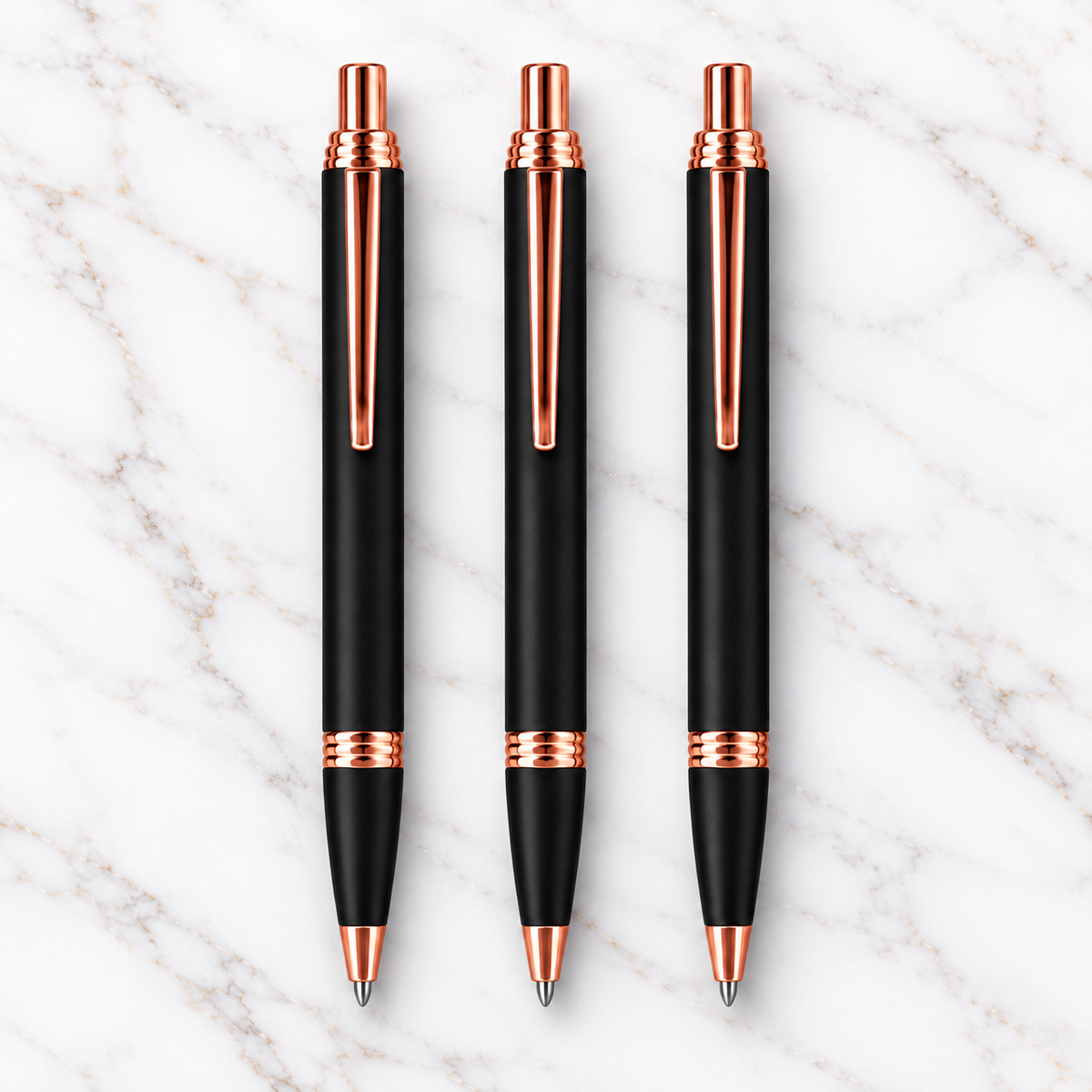 Set of 3 Matt Black Rose Gold Click Metal Ball Pens – Blue Ink, Plastic Jotter Refill & 3 Extra Refills