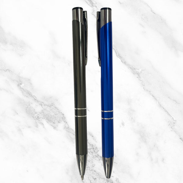 Set of 2 Elegant Click Ball Pens – Blue & Gray Body with Silver Clips | Smooth Blue Ink