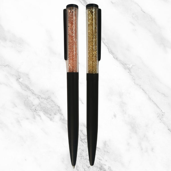 Set of 2 Matte Black Body Ball Pens with Gold & Pink Crystal Top – 0.6mm Blue Ink Twist Mechanism | Screw Type Refill | Premium Writing Se