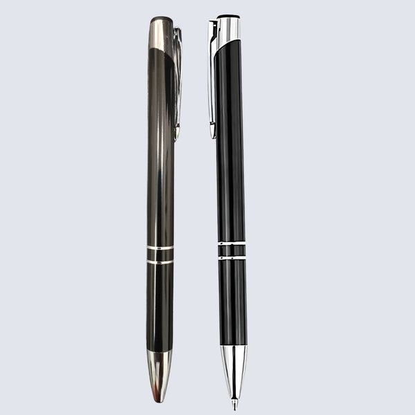 Set of 2 Metallic Glossy Ball Pens – Gray & Black Body with Silver Clip | Click Mechanism | Blue Ink
