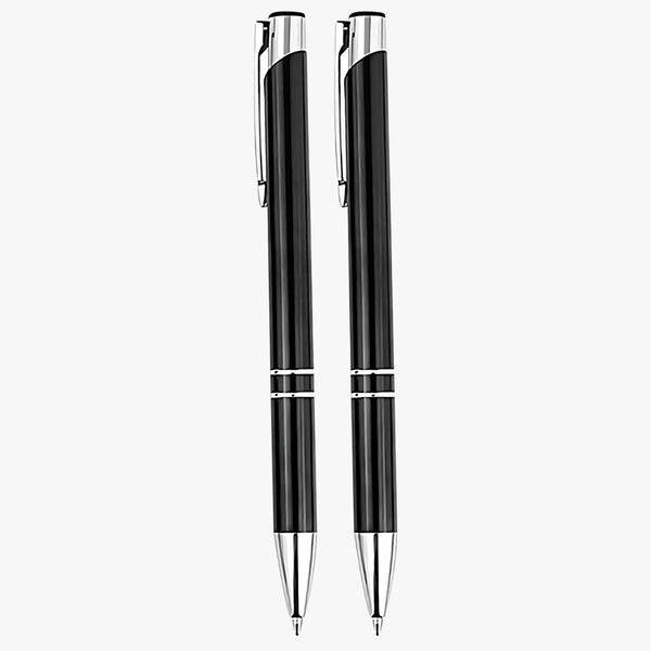Set of 2 Metallic Glossy Black Body Ball Pens with Silver Clip | Click Mechanism | Smooth Blue Ink