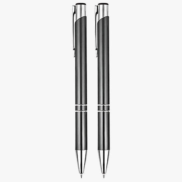 Set of 2 Metallic Gray Body with Silver Clip Click Mechanism Ball Pen – Blue Ink