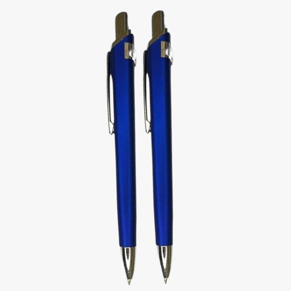 Set of 2 Plastic Blue Colour Body Ball Pens with Silver Clip – Click Mechanism | Smooth Blue Ink
