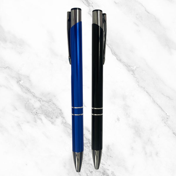 Set of 2 Premium Metallic Glossy Ball Pens – Black & Blue Body | Silver Clip | Blue Ink