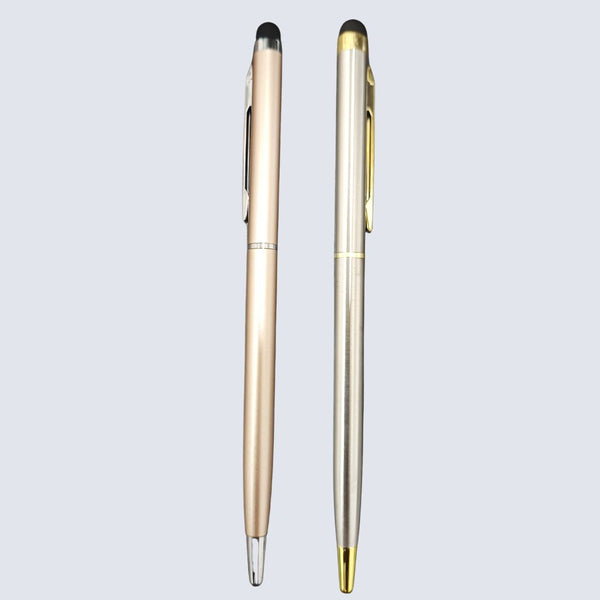 Set of 2 Premium Stylus Ball Pens – Glossy Rose Gold with Silver Clip & Glossy Silver with Gold Clip | Twist Mechanism | Blue Ink