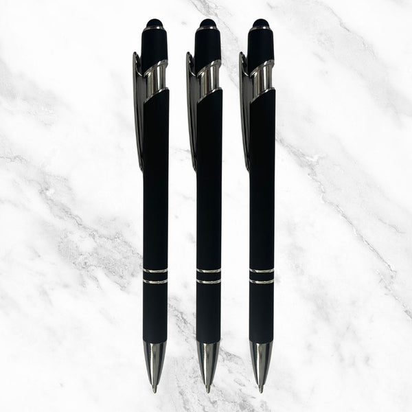 Set of 3 Matte Black Body Ball Pens – Silver Clip | Stylus Mobile Touch | Click Mechanism | Blue Ink