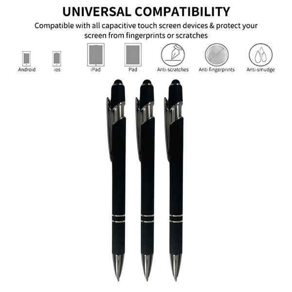 Set of 3 Matte Black Body Ball Pens – Silver Clip | Stylus Mobile Touch | Click Mechanism | Blue Ink
