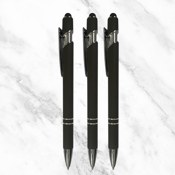 Set of 3 Matte Gray Ball Pens – Mobile Stylus | Silver Clip | Click Mechanism | Blue Ink