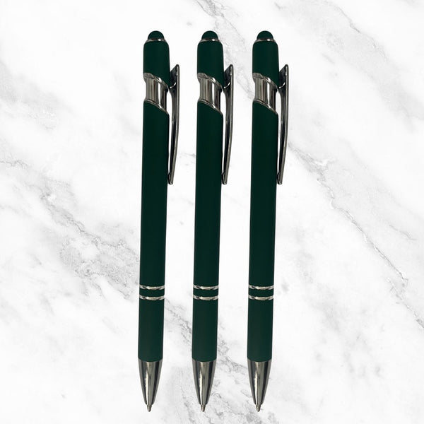 Set of 3 Matte Green Stylus Ball Pens – Mobile Touch & Silver Clip | Blue Ink