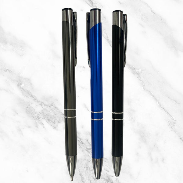 Set of 3 Metallic Glossy Ball Pens – Black, Blue & Gray Body with Silver Clip | Click Mechanism | Blue Ink | Premium Office & Gifting Pen Pack