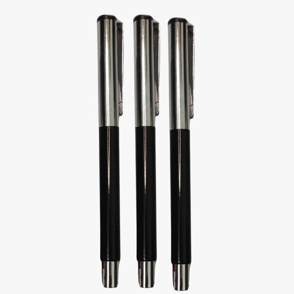 Set of 3 Metallic Glossy Black Body Ball Pens with Silver Cap | Openable Mechanism | Blue Ink