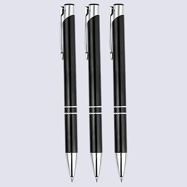 Set of 3 Metallic Glossy Black Body Ball Pens with Silver Clip | Click Mechanism | Smooth Blue Ink