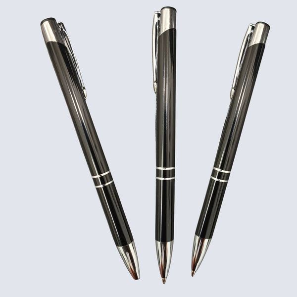 Set of 3 Metallic Glossy Gray Body Ball Pens with Silver Clip | Click Mechanism | Blue Ink