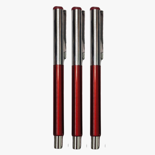 Set of 3 Metallic Glossy Red Ball Pens with Silver Cap | Openable Mechanism | Blue Ink