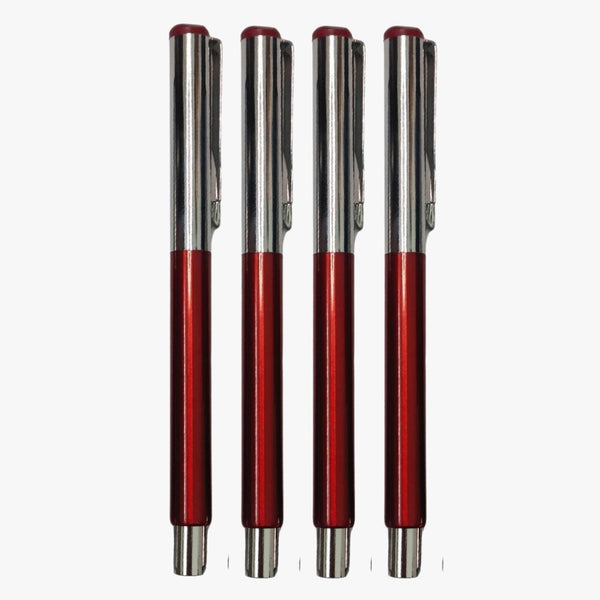 Set of 4 Metallic Glossy Red Body Pens with Silver Cap | Openable Mechanism | Smooth Blue Ink Ballpoint