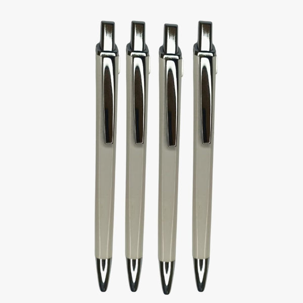 Set of 4 White Plastic Ball Pens with Silver Clip | Blue Ink